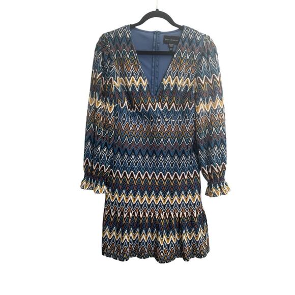 NWT Donna Morgan Nordstrom 6 Blue Rust Zig Zag Crochet Dress Poet Sleeve #5575 - Picture 1 of 16